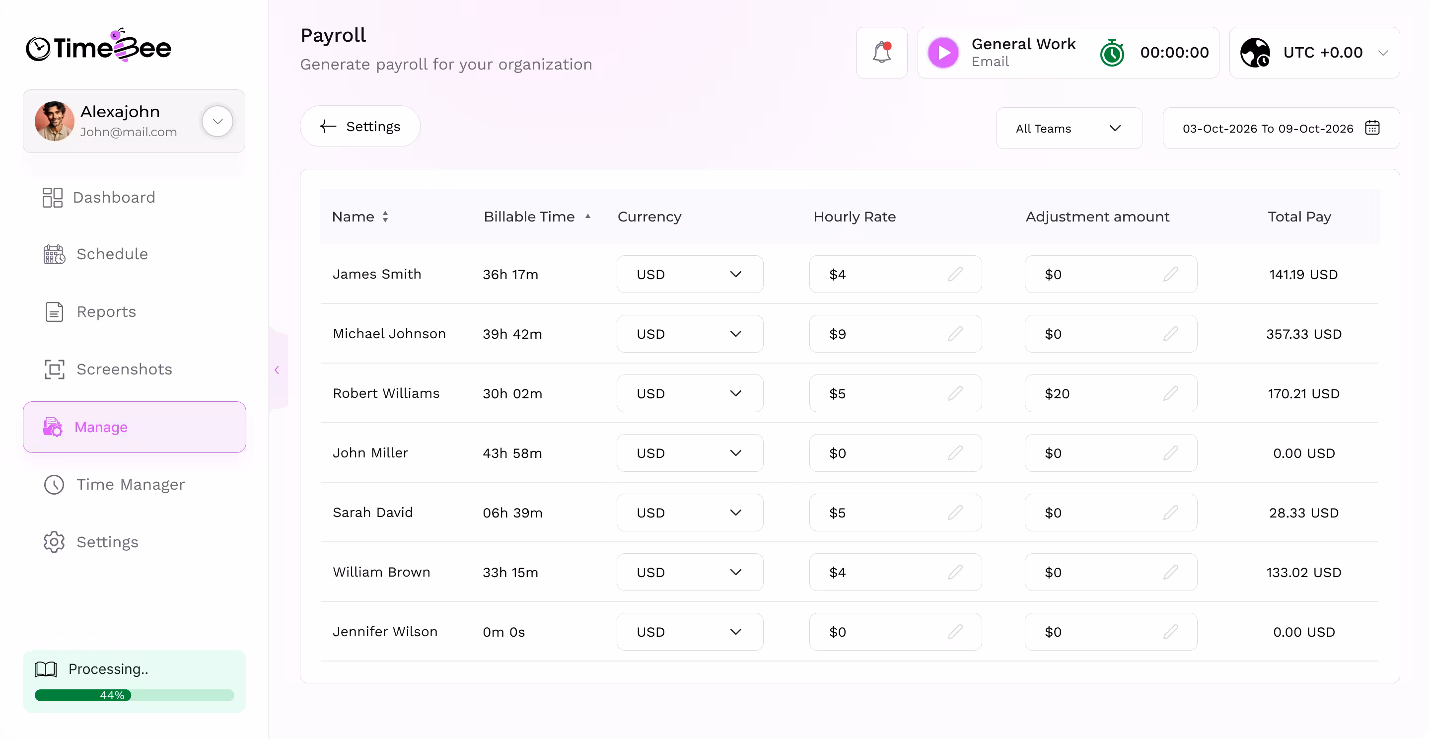 Payroll calculated from tracked hours
