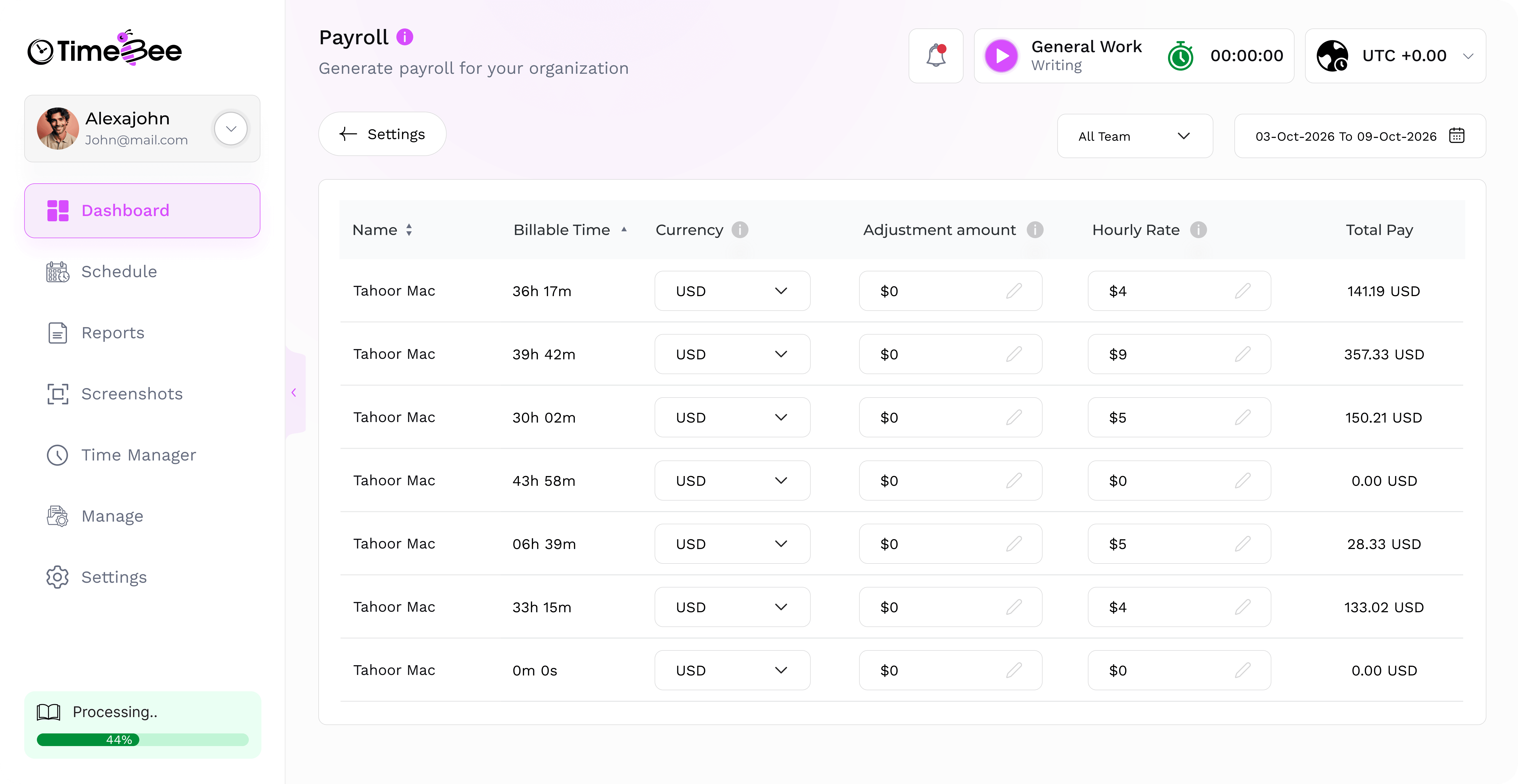 Payroll calculated from tracked hours