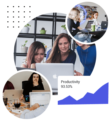 Teams working on laptops in different settings across the globe using TimeBee to boost productivity.