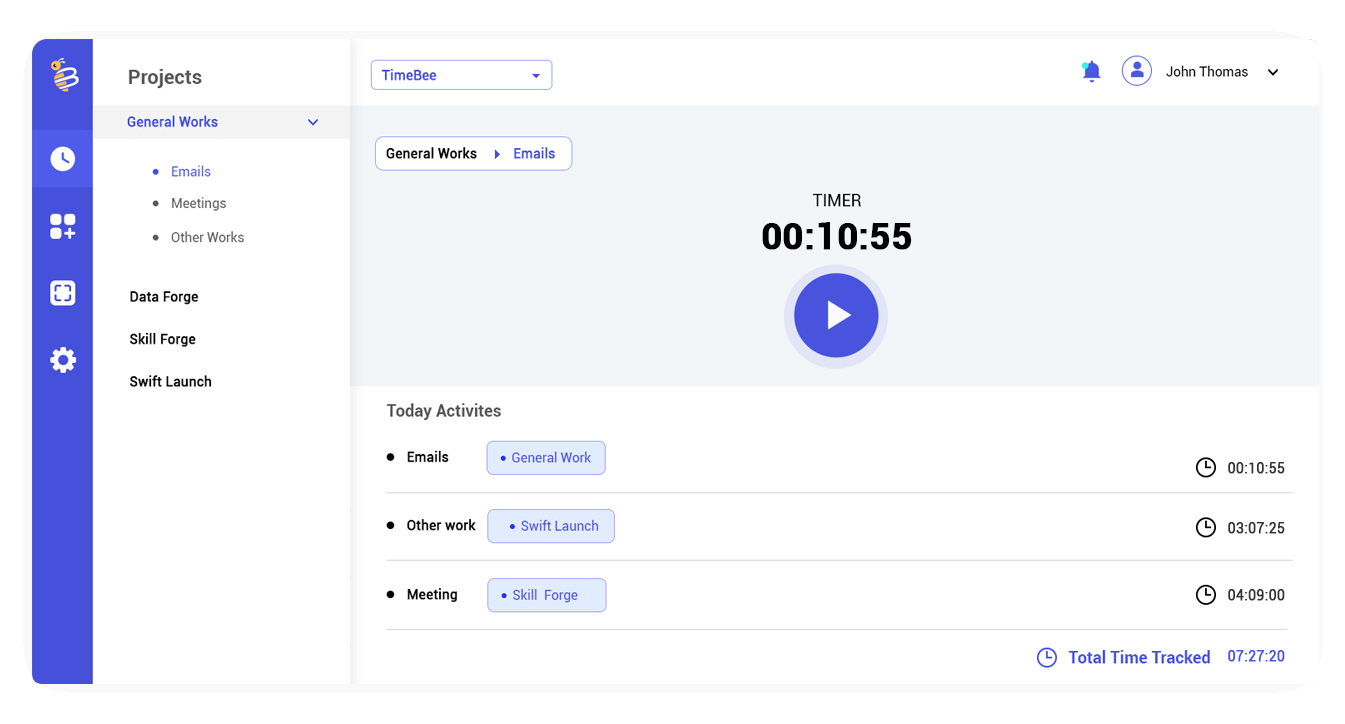 TimeBee desktop app with projects, tasks, tracked time, and daily activities