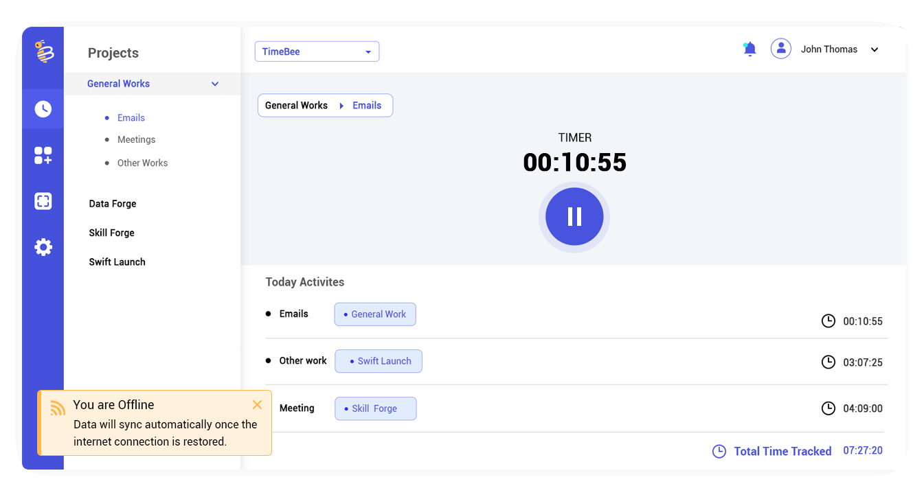 Offline time tracking lets you stay on track even when there is no internet connection