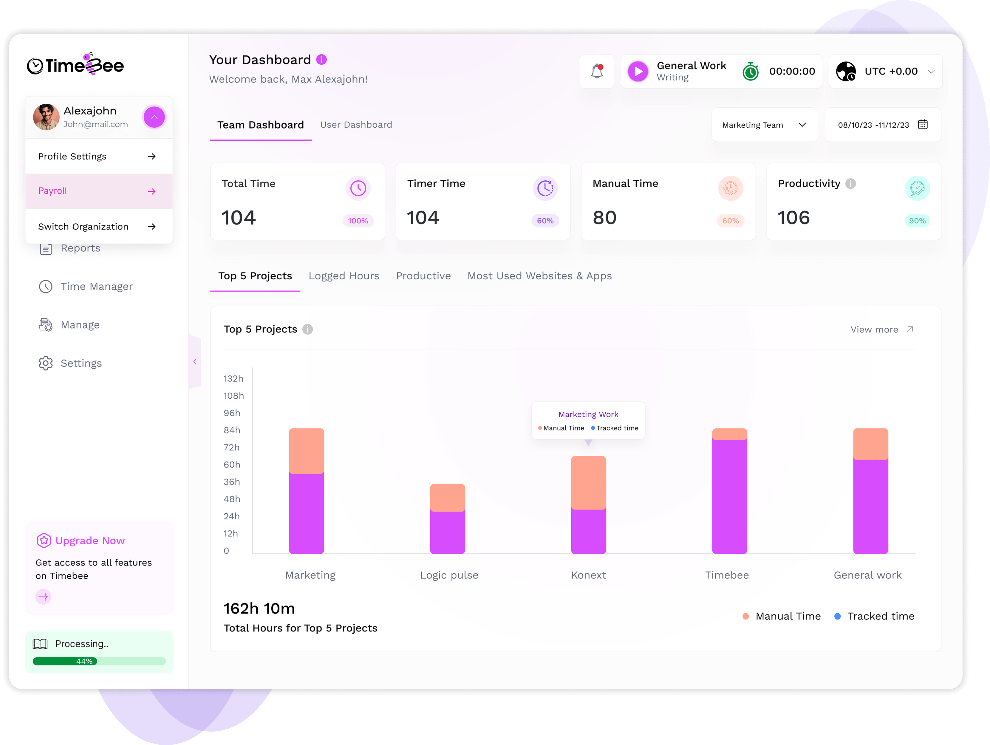 TimeBee team dashboard with workday insights
